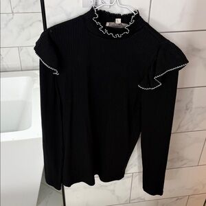 LOFT Black Ruffled Blouse with White Trim